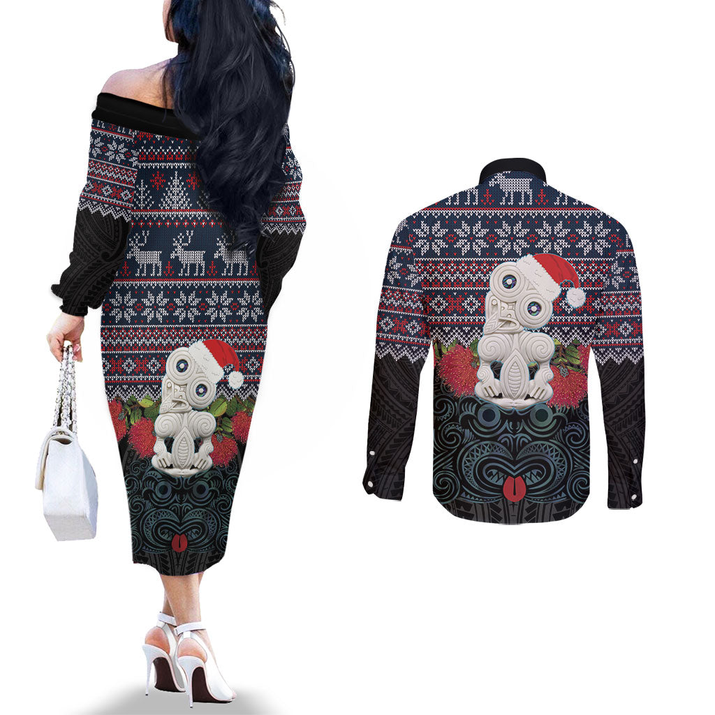 New Zealand Hei Tiki Christmas In July Couples Matching Off The Shoulder Long Sleeve Dress and Long Sleeve Button Shirt Pohutukawa Santa Xmas Polynesian Pattern LT22 - Polynesian Pride