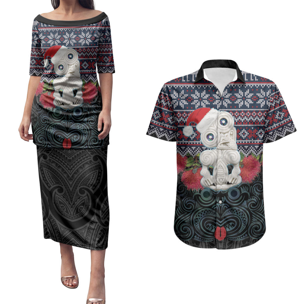 New Zealand Hei Tiki Christmas In July Couples Matching Puletasi and Hawaiian Shirt Pohutukawa Santa Xmas Polynesian Pattern LT22 Black - Polynesian Pride