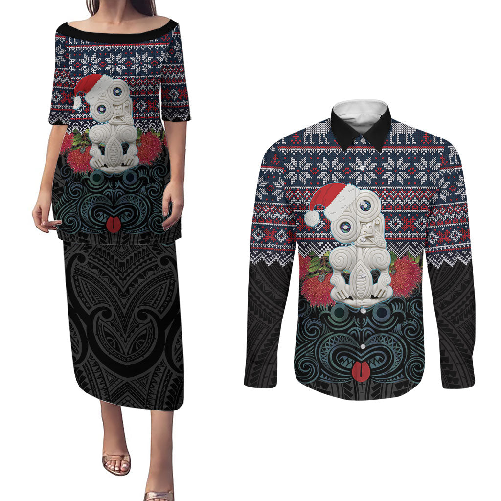 New Zealand Hei Tiki Christmas In July Couples Matching Puletasi and Long Sleeve Button Shirt Pohutukawa Santa Xmas Polynesian Pattern LT22 Black - Polynesian Pride
