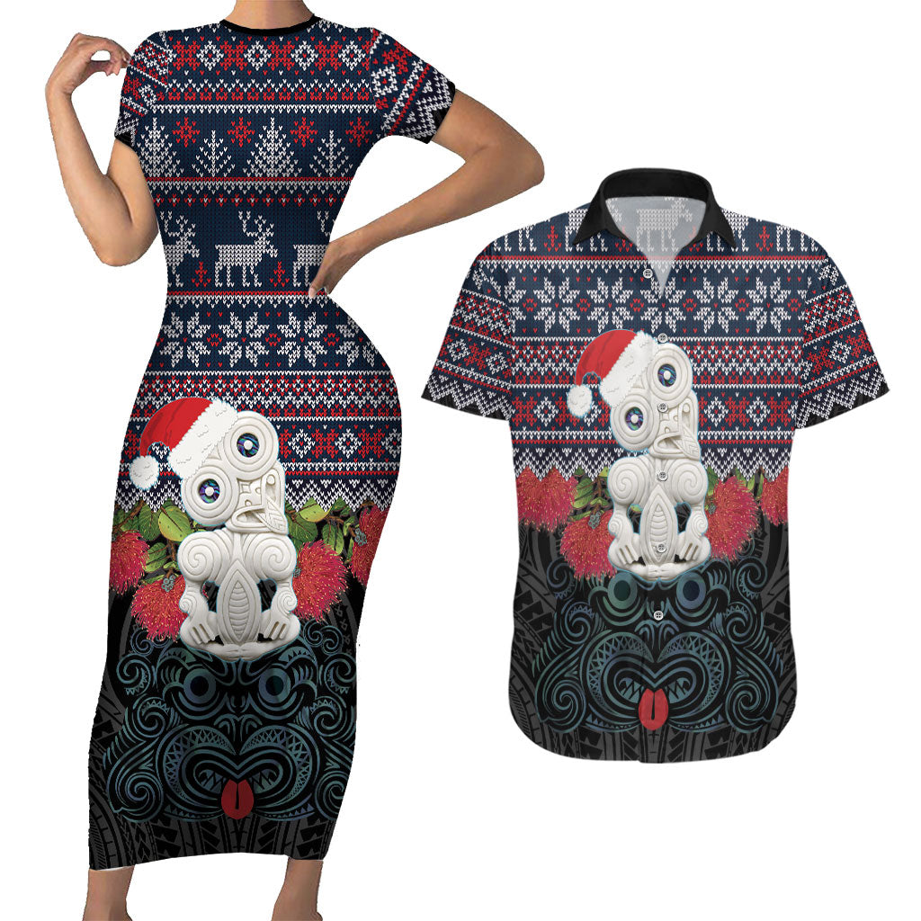New Zealand Hei Tiki Christmas In July Couples Matching Short Sleeve Bodycon Dress and Hawaiian Shirt Pohutukawa Santa Xmas Polynesian Pattern LT22 Black - Polynesian Pride