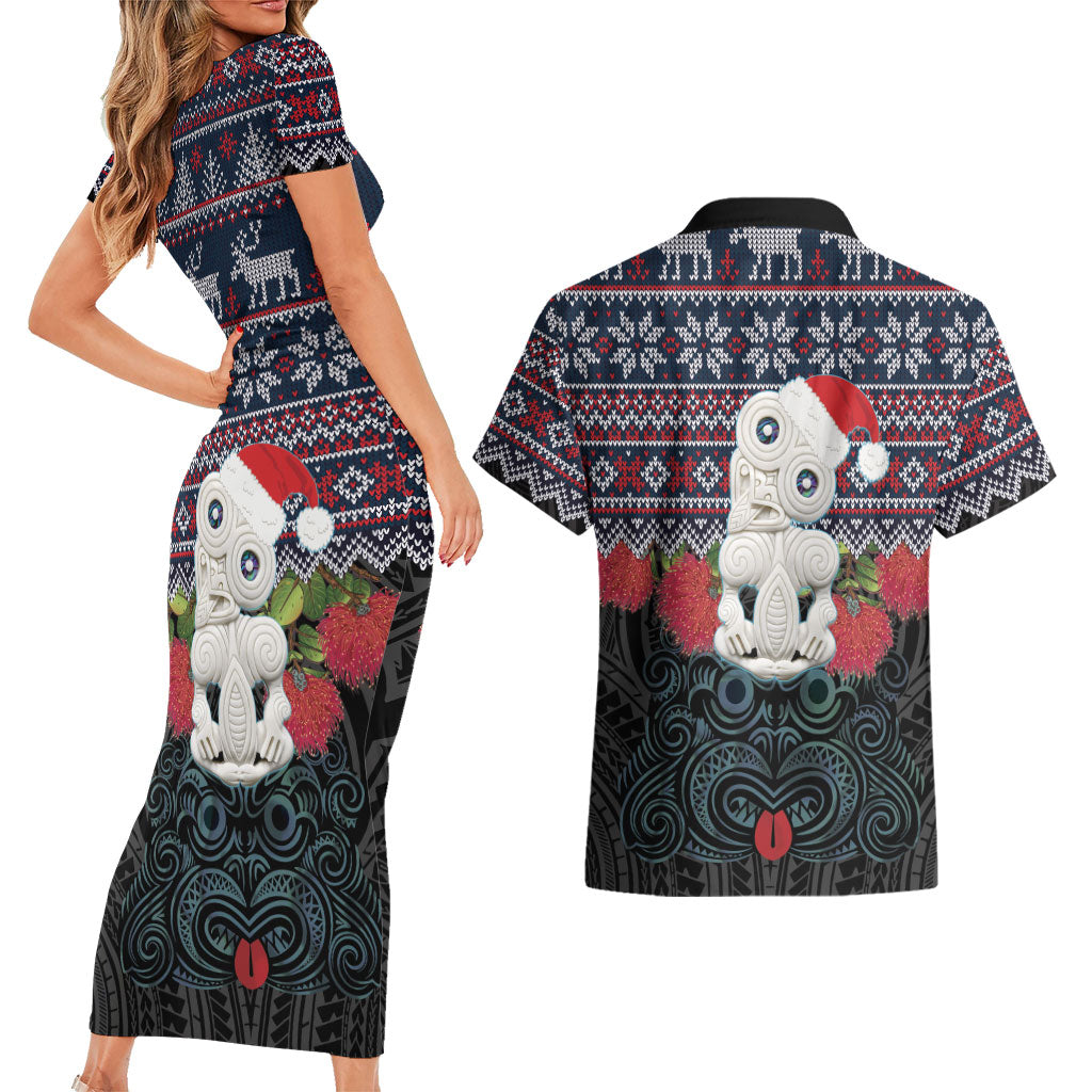 New Zealand Hei Tiki Christmas In July Couples Matching Short Sleeve Bodycon Dress and Hawaiian Shirt Pohutukawa Santa Xmas Polynesian Pattern LT22 - Polynesian Pride