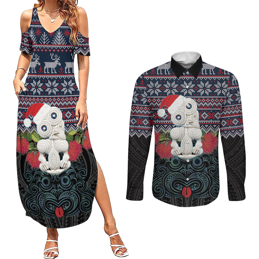 New Zealand Hei Tiki Christmas In July Couples Matching Summer Maxi Dress and Long Sleeve Button Shirt Pohutukawa Santa Xmas Polynesian Pattern LT22 Black - Polynesian Pride