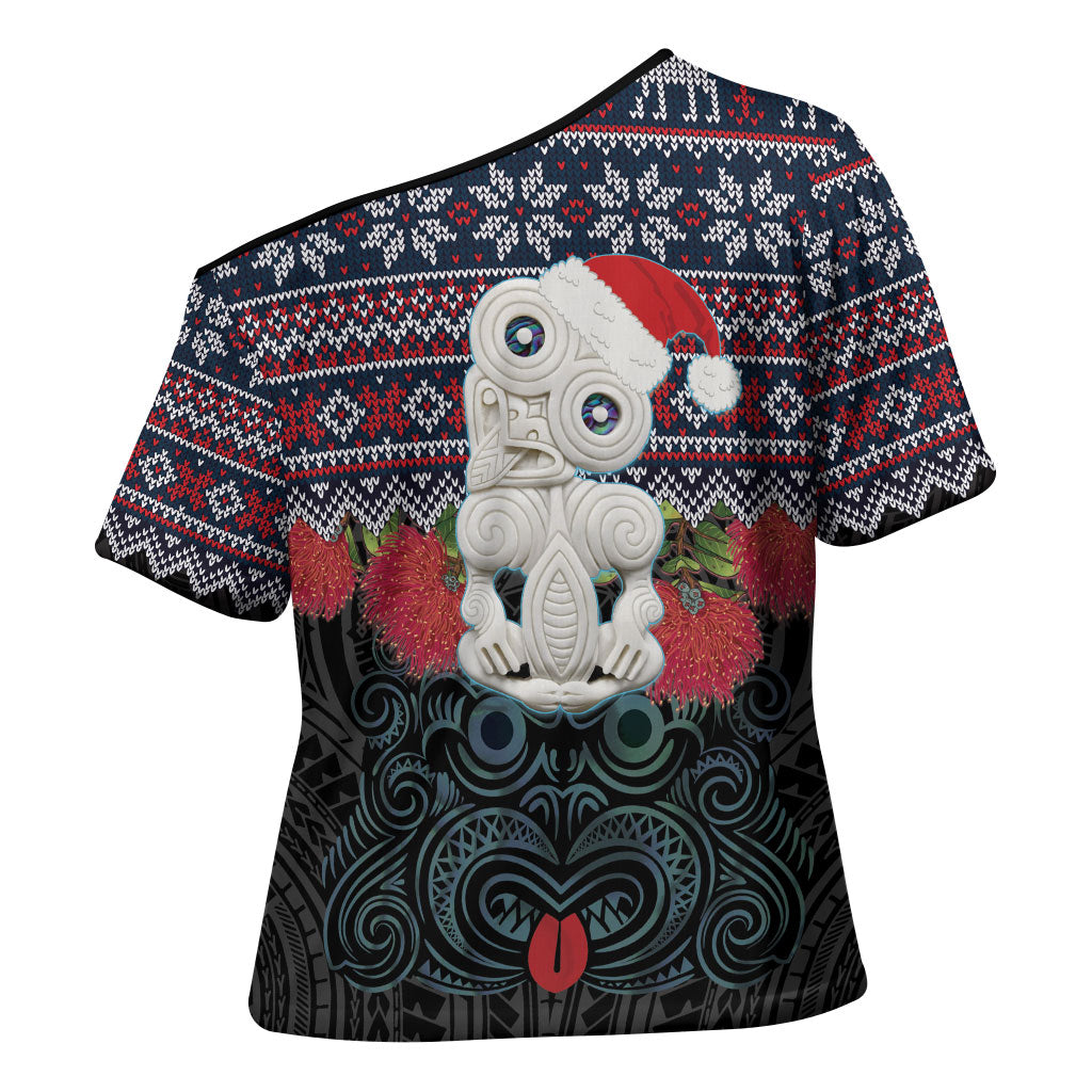 New Zealand Hei Tiki Christmas In July Cross Shoulder Shirt Pohutukawa Santa Xmas Polynesian Pattern LT22 - Polynesian Pride