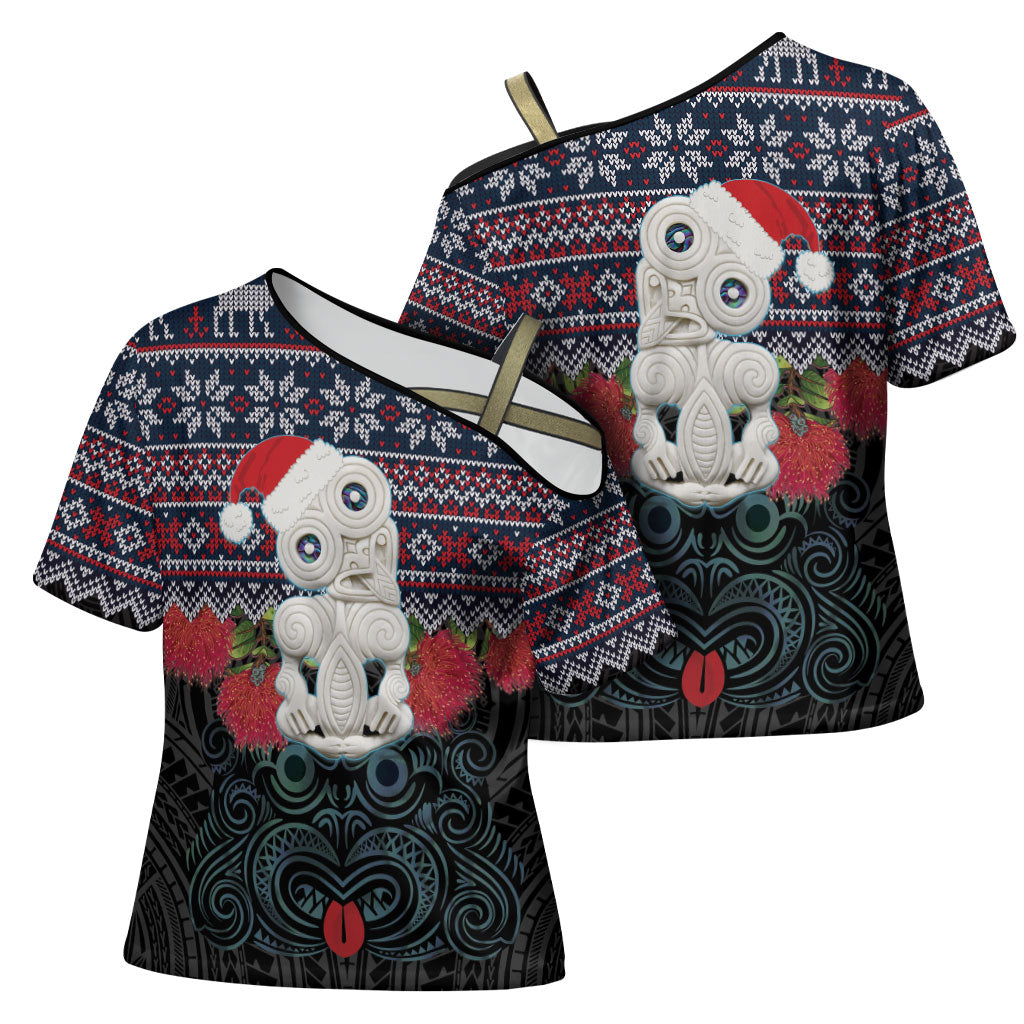 New Zealand Hei Tiki Christmas In July Cross Shoulder Shirt Pohutukawa Santa Xmas Polynesian Pattern LT22 - Polynesian Pride