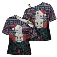 New Zealand Hei Tiki Christmas In July Cross Shoulder Shirt Pohutukawa Santa Xmas Polynesian Pattern LT22 - Polynesian Pride