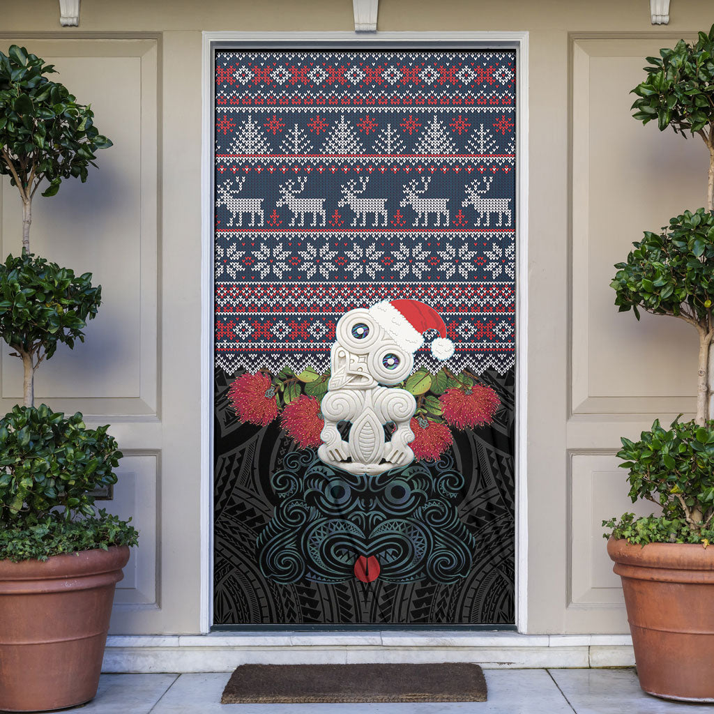 New Zealand Hei Tiki Christmas In July Door Cover Pohutukawa Santa Xmas Polynesian Pattern LT22 Black - Polynesian Pride
