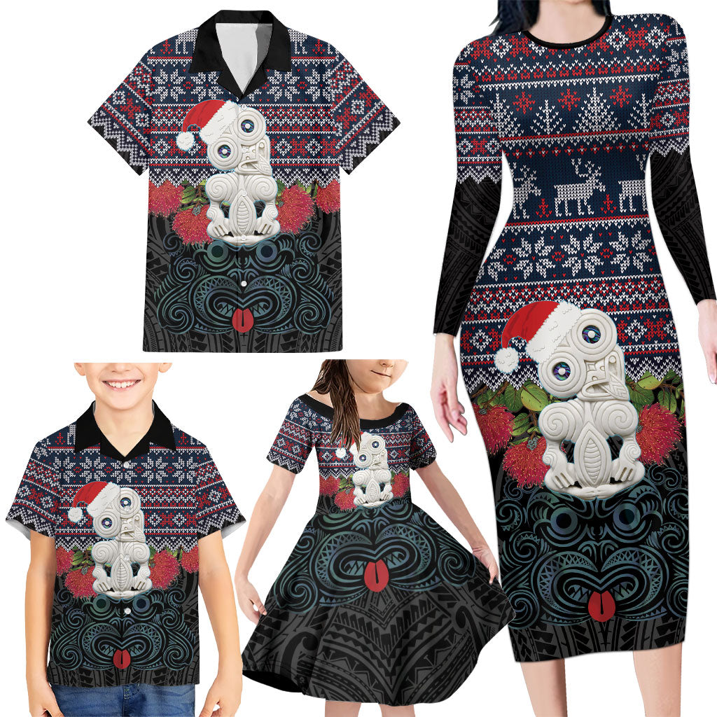 New Zealand Hei Tiki Christmas In July Family Matching Long Sleeve Bodycon Dress and Hawaiian Shirt Pohutukawa Santa Xmas Polynesian Pattern LT22 - Polynesian Pride