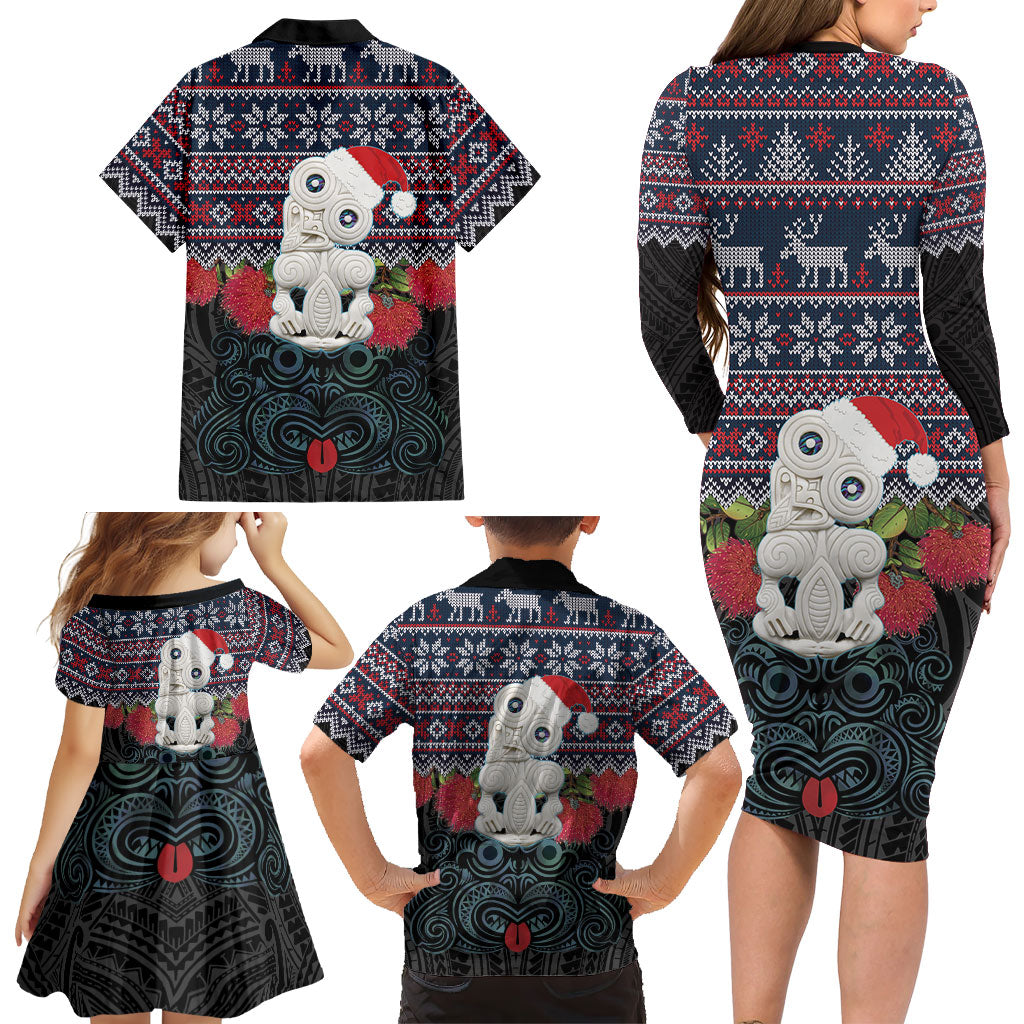New Zealand Hei Tiki Christmas In July Family Matching Long Sleeve Bodycon Dress and Hawaiian Shirt Pohutukawa Santa Xmas Polynesian Pattern LT22 - Polynesian Pride