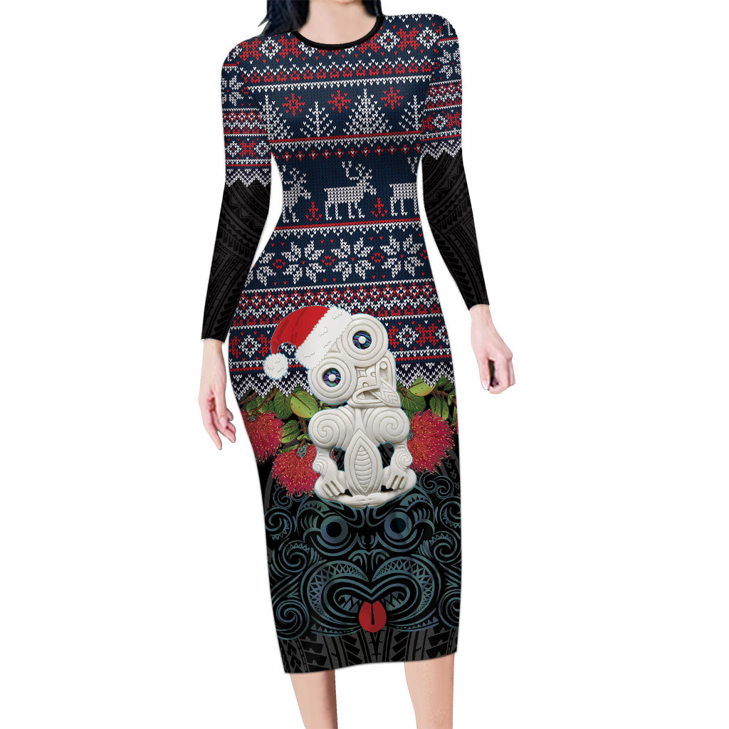 New Zealand Hei Tiki Christmas In July Family Matching Long Sleeve Bodycon Dress and Hawaiian Shirt Pohutukawa Santa Xmas Polynesian Pattern LT22 Mom's Dress Black - Polynesian Pride