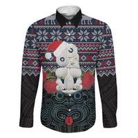 New Zealand Hei Tiki Christmas In July Family Matching Mermaid Dress and Hawaiian Shirt Pohutukawa Santa Xmas Polynesian Pattern LT22 Dad's Shirt - Long Sleeve Black - Polynesian Pride