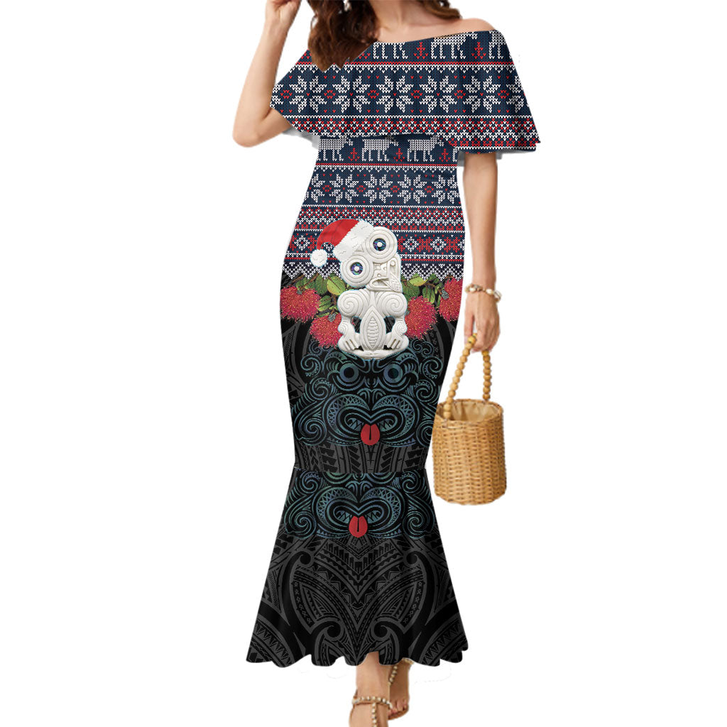 New Zealand Hei Tiki Christmas In July Family Matching Mermaid Dress and Hawaiian Shirt Pohutukawa Santa Xmas Polynesian Pattern LT22 Mom's Dress Black - Polynesian Pride