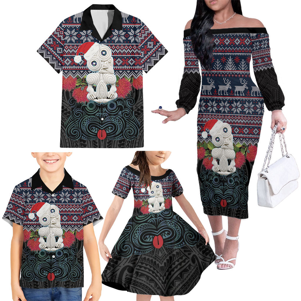 New Zealand Hei Tiki Christmas In July Family Matching Off The Shoulder Long Sleeve Dress and Hawaiian Shirt Pohutukawa Santa Xmas Polynesian Pattern LT22 - Polynesian Pride