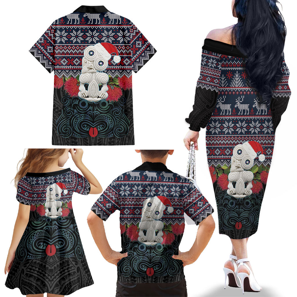 New Zealand Hei Tiki Christmas In July Family Matching Off The Shoulder Long Sleeve Dress and Hawaiian Shirt Pohutukawa Santa Xmas Polynesian Pattern LT22 - Polynesian Pride