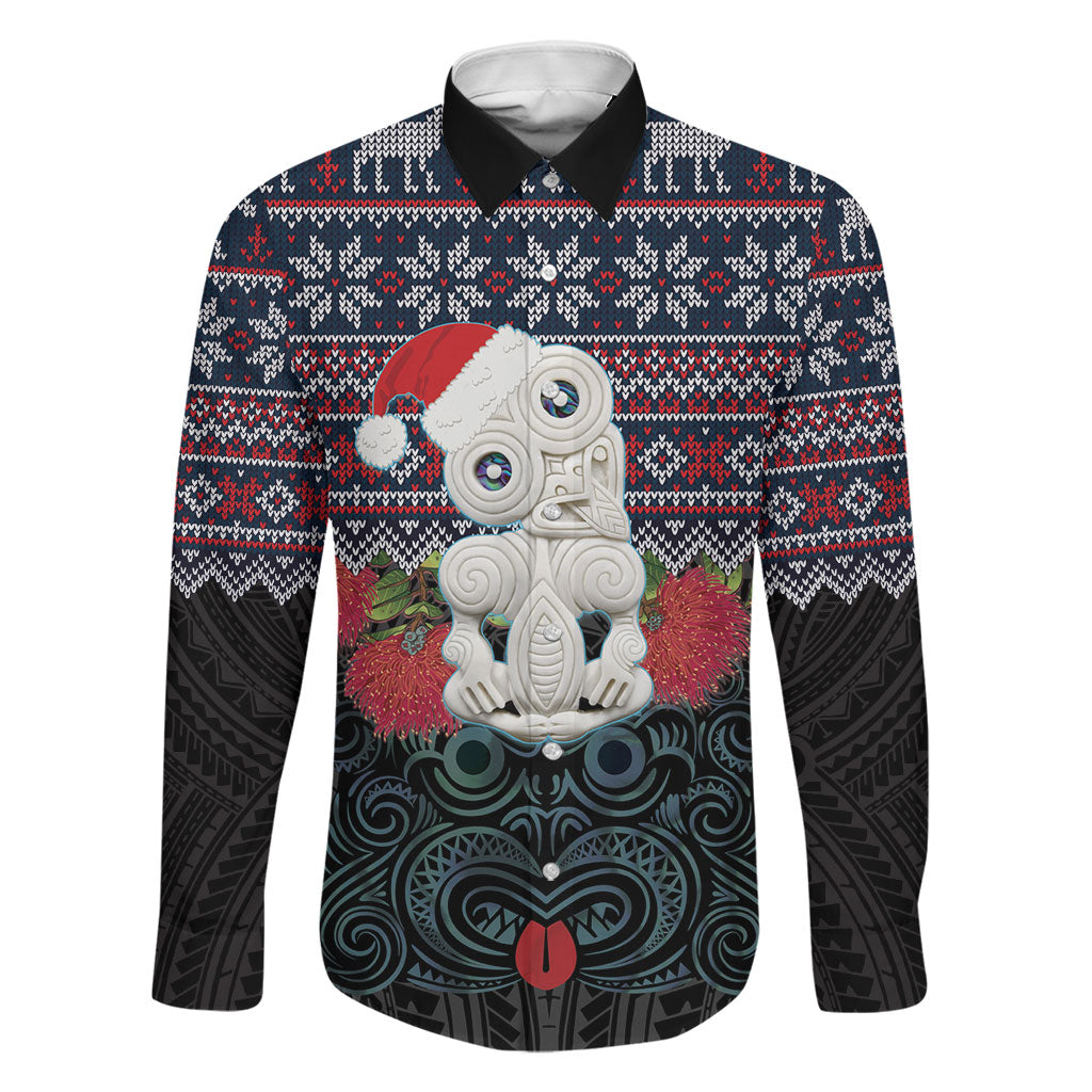 New Zealand Hei Tiki Christmas In July Family Matching Off The Shoulder Long Sleeve Dress and Hawaiian Shirt Pohutukawa Santa Xmas Polynesian Pattern LT22 Dad's Shirt - Long Sleeve Black - Polynesian Pride
