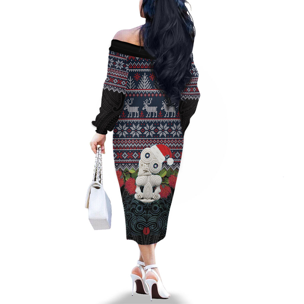 New Zealand Hei Tiki Christmas In July Family Matching Off The Shoulder Long Sleeve Dress and Hawaiian Shirt Pohutukawa Santa Xmas Polynesian Pattern LT22 - Polynesian Pride