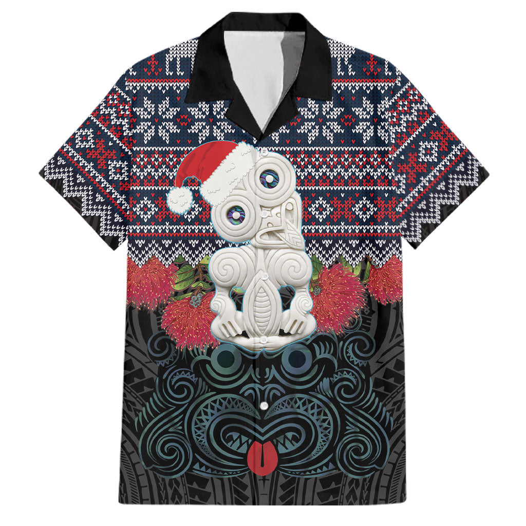 New Zealand Hei Tiki Christmas In July Family Matching Off Shoulder Short Dress and Hawaiian Shirt Pohutukawa Santa Xmas Polynesian Pattern LT22 Dad's Shirt - Short Sleeve Black - Polynesian Pride