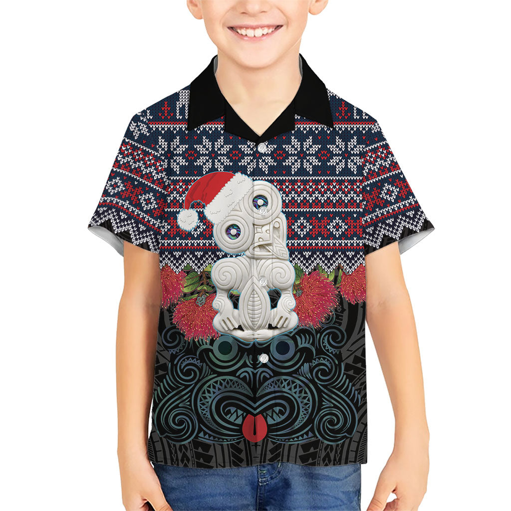 New Zealand Hei Tiki Christmas In July Family Matching Puletasi and Hawaiian Shirt Pohutukawa Santa Xmas Polynesian Pattern LT22 Son's Shirt Black - Polynesian Pride