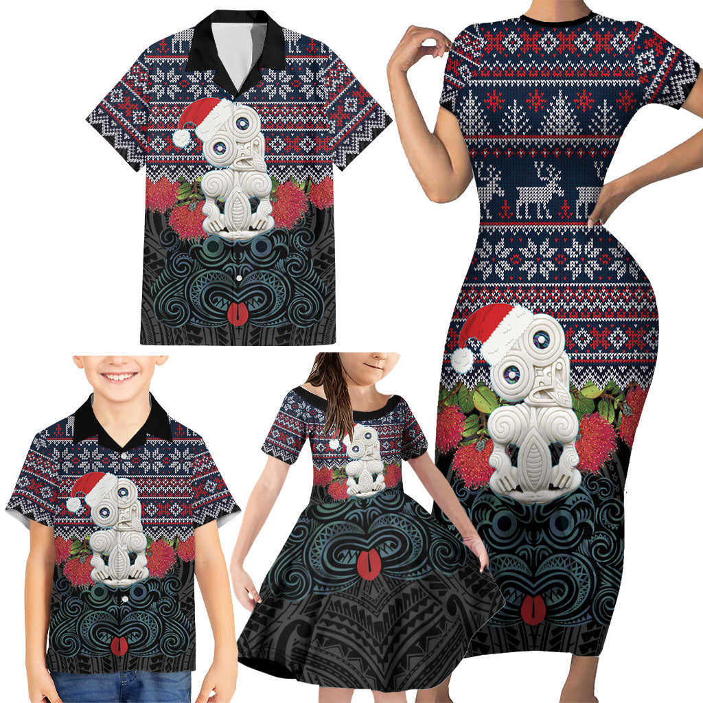 New Zealand Hei Tiki Christmas In July Family Matching Short Sleeve Bodycon Dress and Hawaiian Shirt Pohutukawa Santa Xmas Polynesian Pattern LT22 - Polynesian Pride