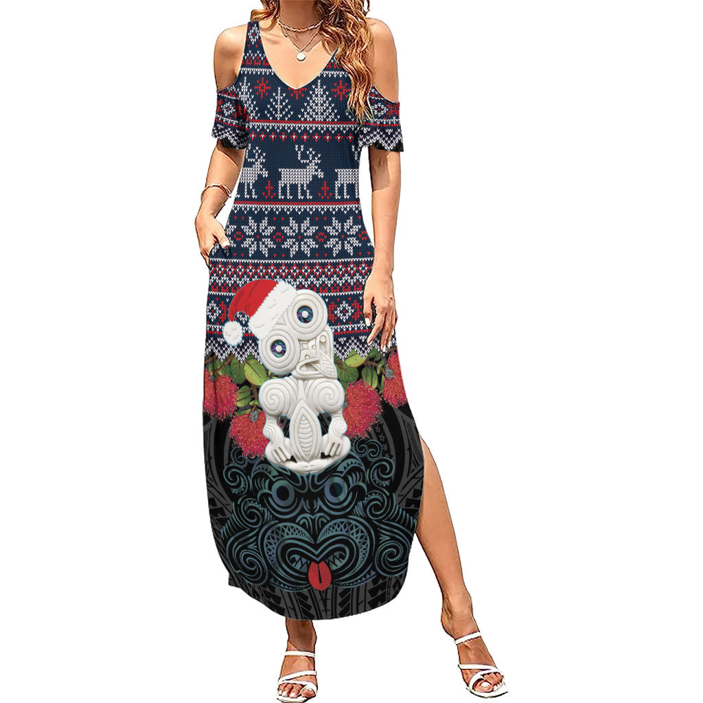 New Zealand Hei Tiki Christmas In July Family Matching Summer Maxi Dress and Hawaiian Shirt Pohutukawa Santa Xmas Polynesian Pattern LT22 Mom's Dress Black - Polynesian Pride