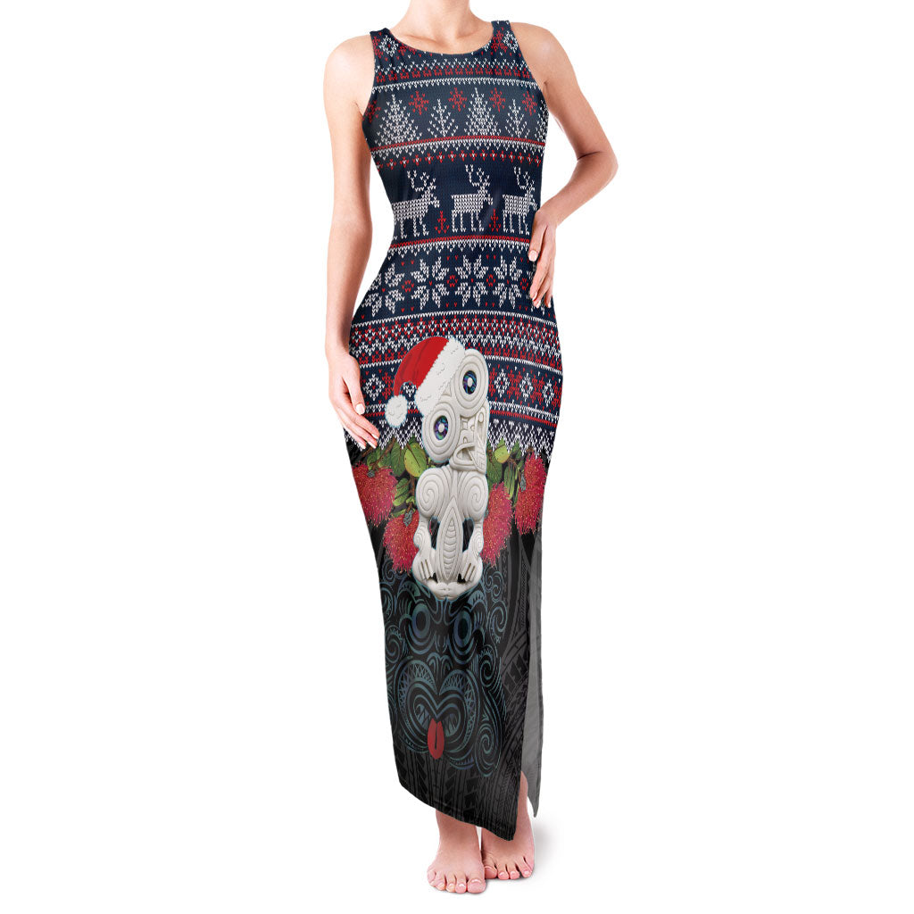 New Zealand Hei Tiki Christmas In July Family Matching Tank Maxi Dress and Hawaiian Shirt Pohutukawa Santa Xmas Polynesian Pattern LT22 Mom's Dress Black - Polynesian Pride