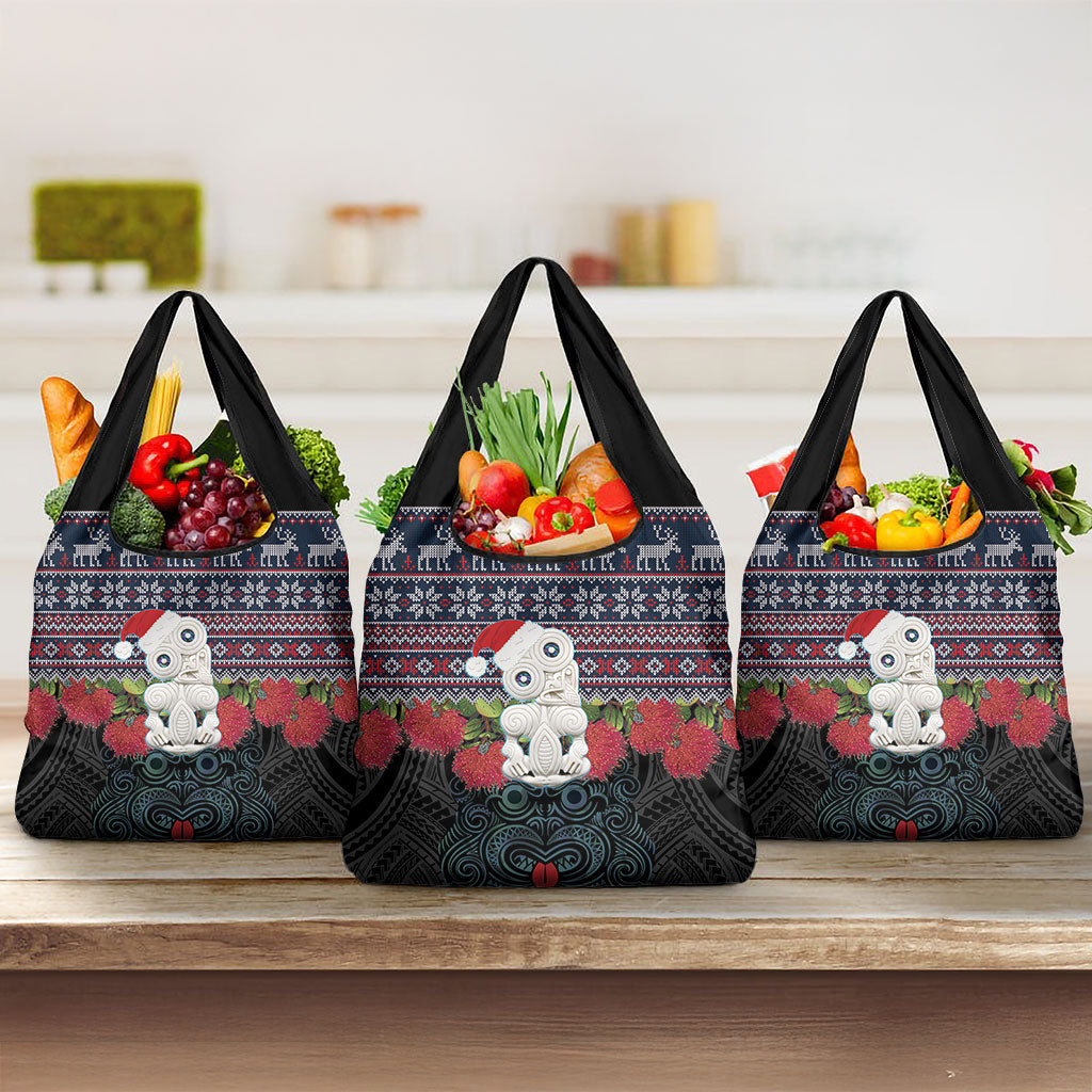 New Zealand Hei Tiki Christmas In July Grocery Bag Pohutukawa Santa Xmas Polynesian Pattern LT22 3-pack One Size Black - Polynesian Pride