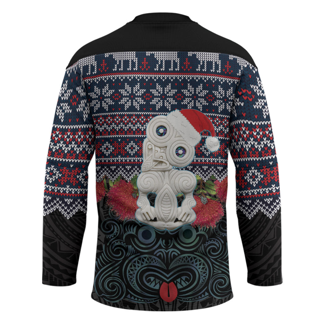 New Zealand Hei Tiki Christmas In July Hockey Jersey Pohutukawa Santa Xmas Polynesian Pattern LT22 - Polynesian Pride
