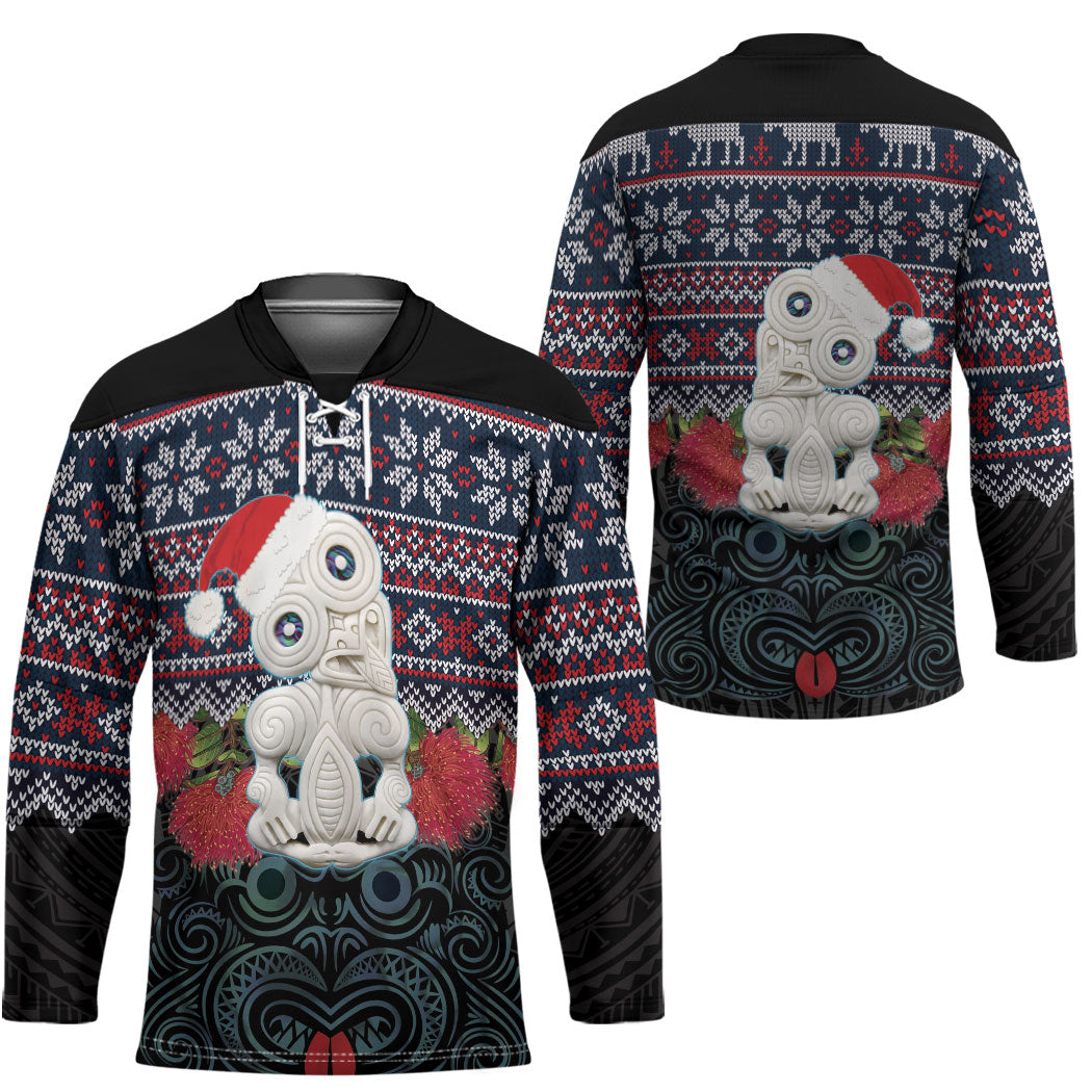 New Zealand Hei Tiki Christmas In July Hockey Jersey Pohutukawa Santa Xmas Polynesian Pattern LT22 - Polynesian Pride