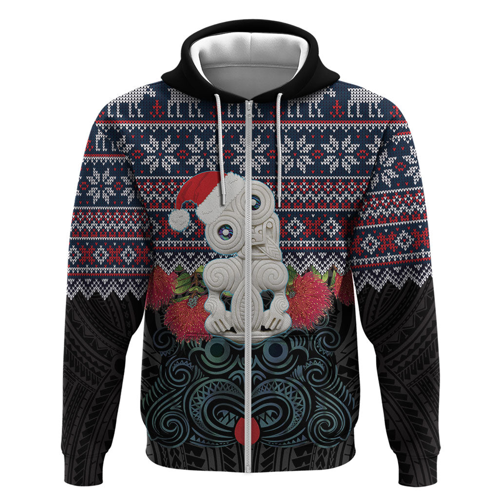 New Zealand Hei Tiki Christmas In July Hoodie Pohutukawa Santa Xmas Polynesian Pattern LT22 Zip Hoodie Black - Polynesian Pride