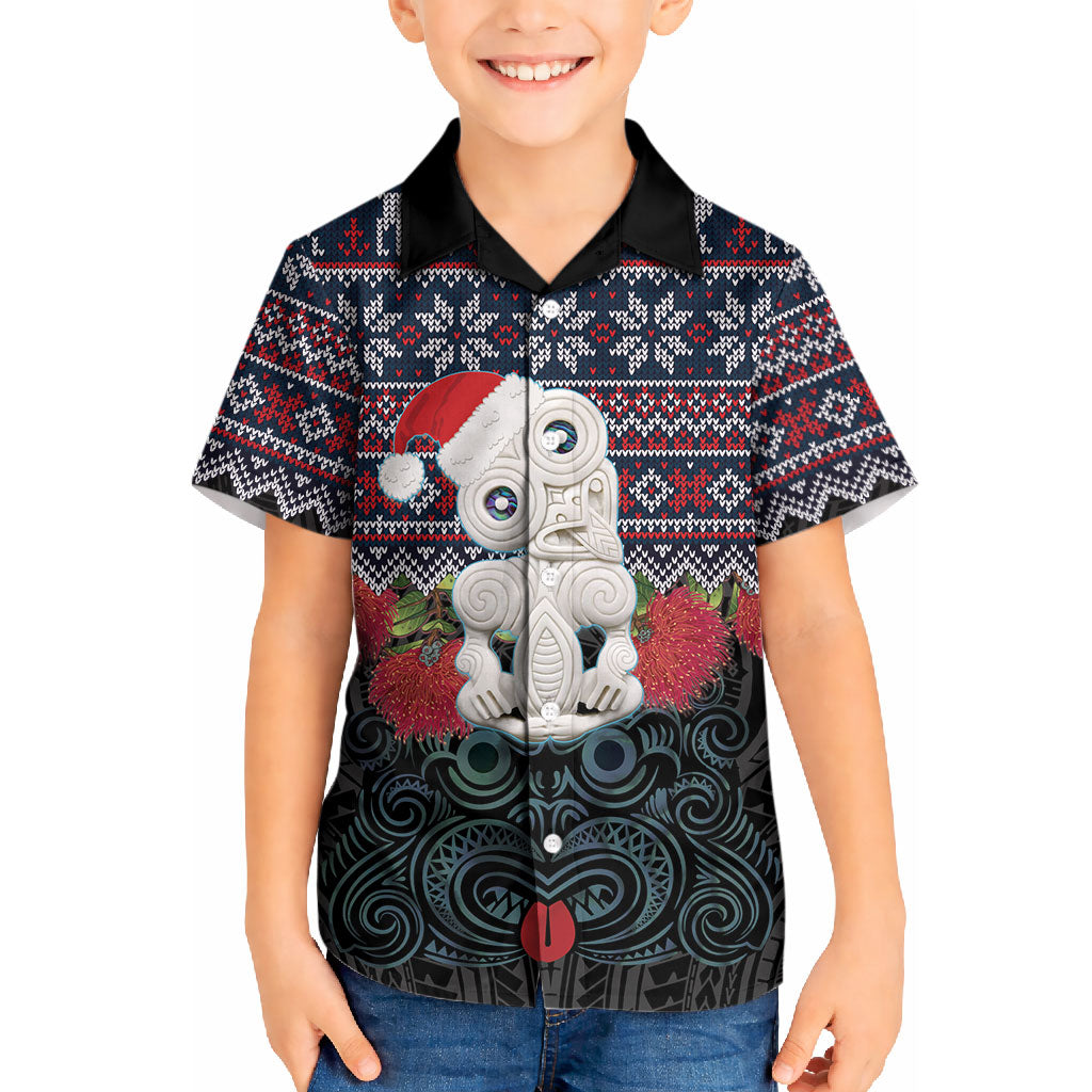 New Zealand Hei Tiki Christmas In July Kid Hawaiian Shirt Pohutukawa Santa Xmas Polynesian Pattern LT22 Kid Black - Polynesian Pride