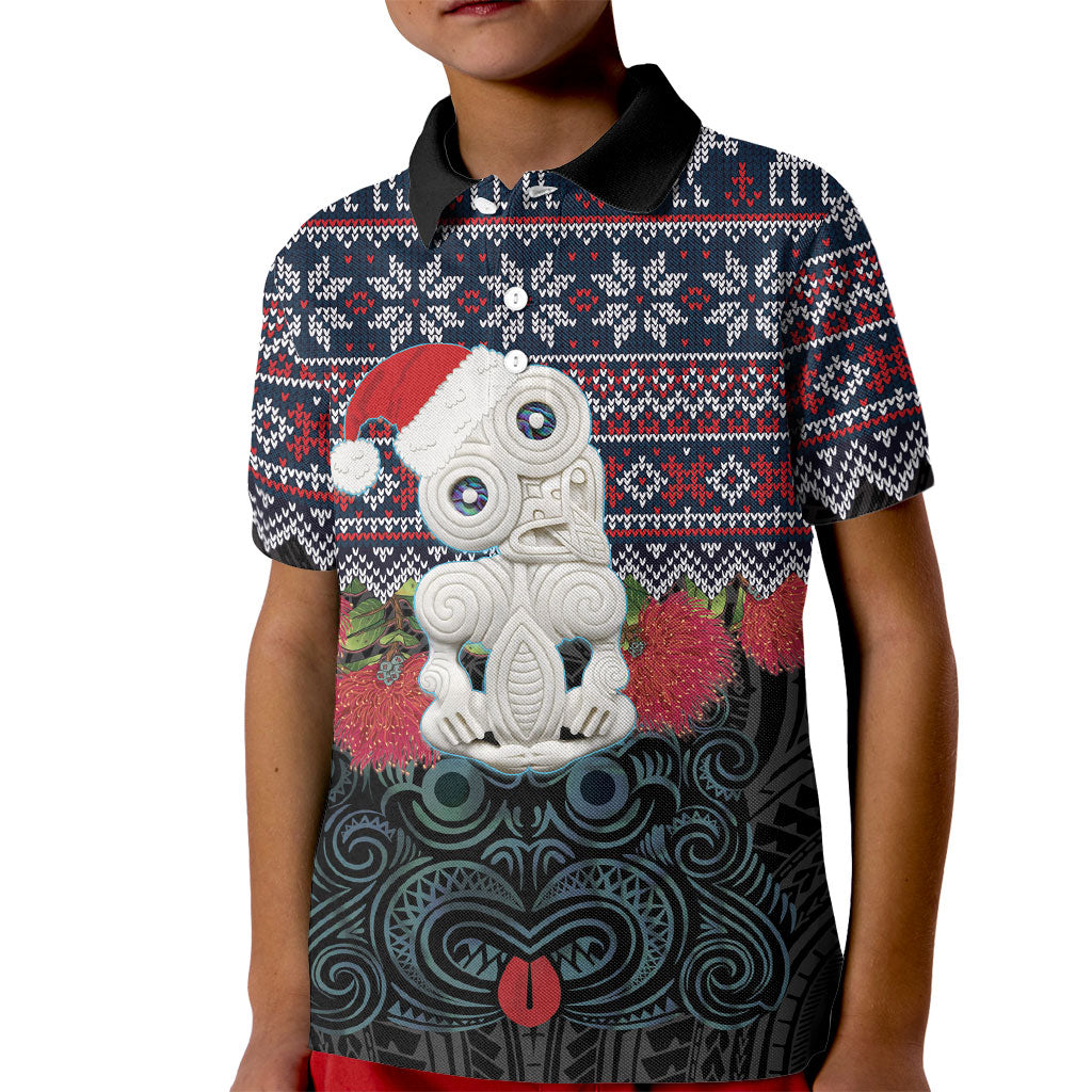 New Zealand Hei Tiki Christmas In July Kid Polo Shirt Pohutukawa Santa Xmas Polynesian Pattern LT22 Kid Black - Polynesian Pride