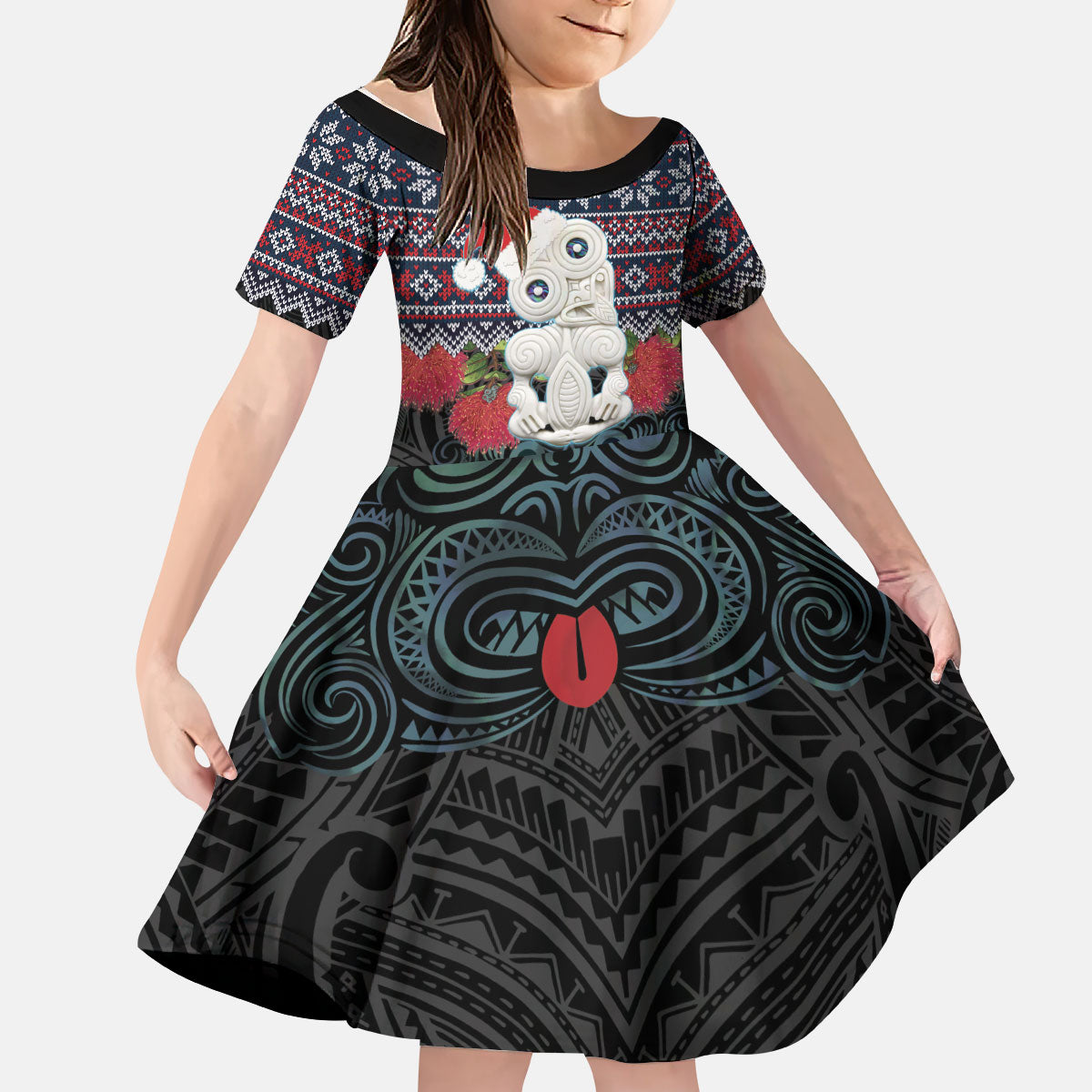 New Zealand Hei Tiki Christmas In July Kid Short Sleeve Dress Pohutukawa Santa Xmas Polynesian Pattern LT22 KID Black - Polynesian Pride
