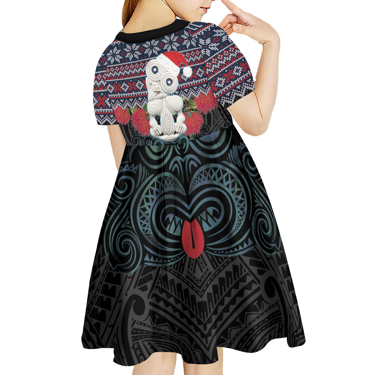 New Zealand Hei Tiki Christmas In July Kid Short Sleeve Dress Pohutukawa Santa Xmas Polynesian Pattern LT22 - Polynesian Pride