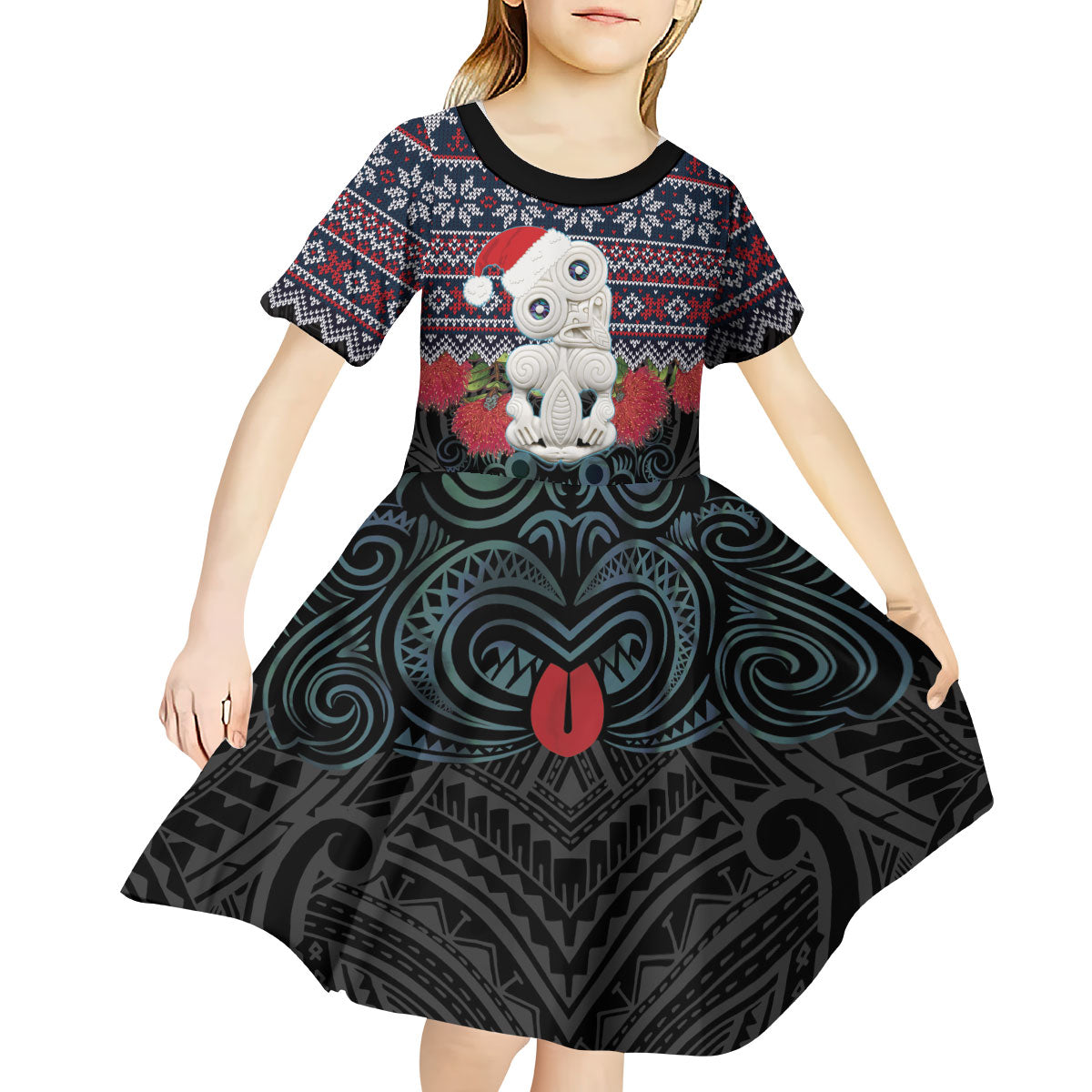 New Zealand Hei Tiki Christmas In July Kid Short Sleeve Dress Pohutukawa Santa Xmas Polynesian Pattern LT22 - Polynesian Pride