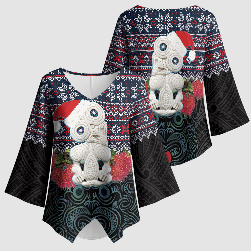 New Zealand Hei Tiki Christmas In July Kimono Sleeve Blouse Pohutukawa Santa Xmas Polynesian Pattern LT22 - Polynesian Pride
