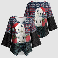 New Zealand Hei Tiki Christmas In July Kimono Sleeve Blouse Pohutukawa Santa Xmas Polynesian Pattern LT22 - Polynesian Pride