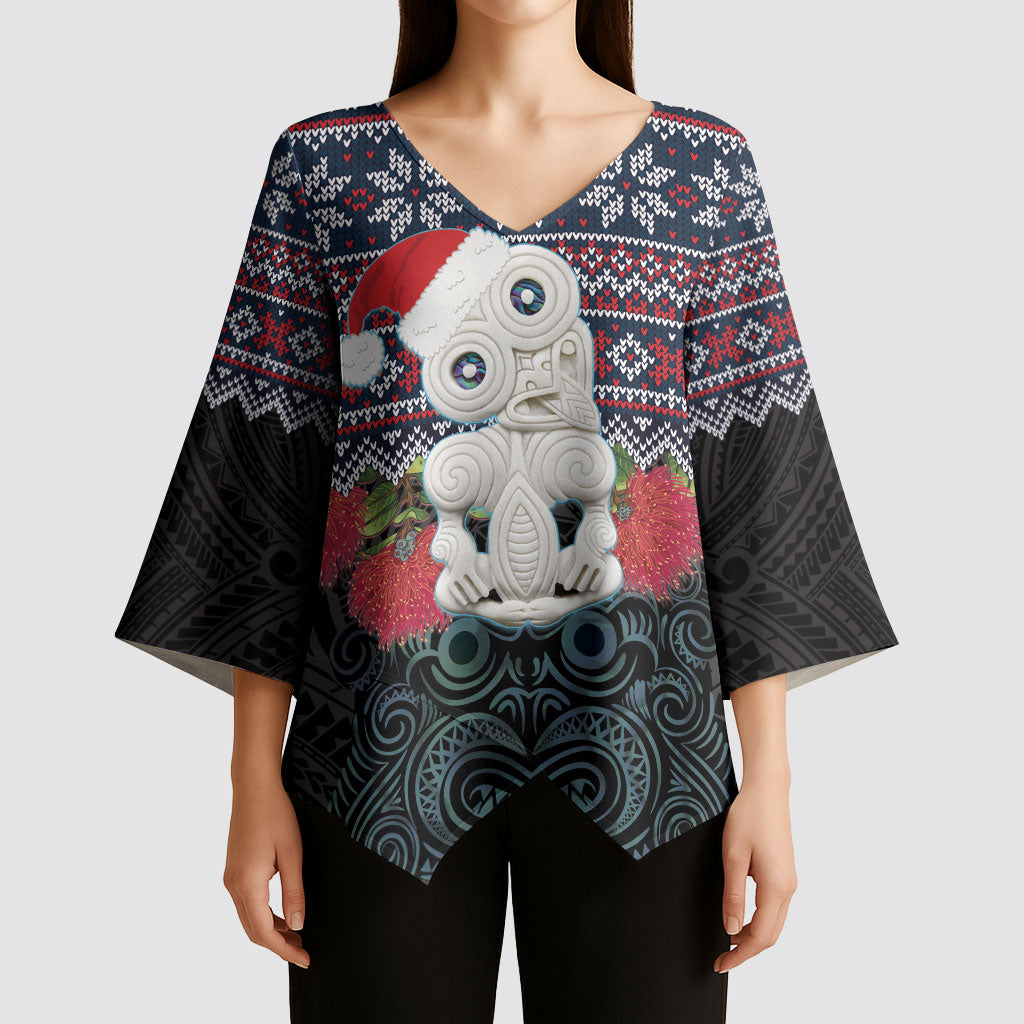 New Zealand Hei Tiki Christmas In July Kimono Sleeve Blouse Pohutukawa Santa Xmas Polynesian Pattern LT22 - Polynesian Pride