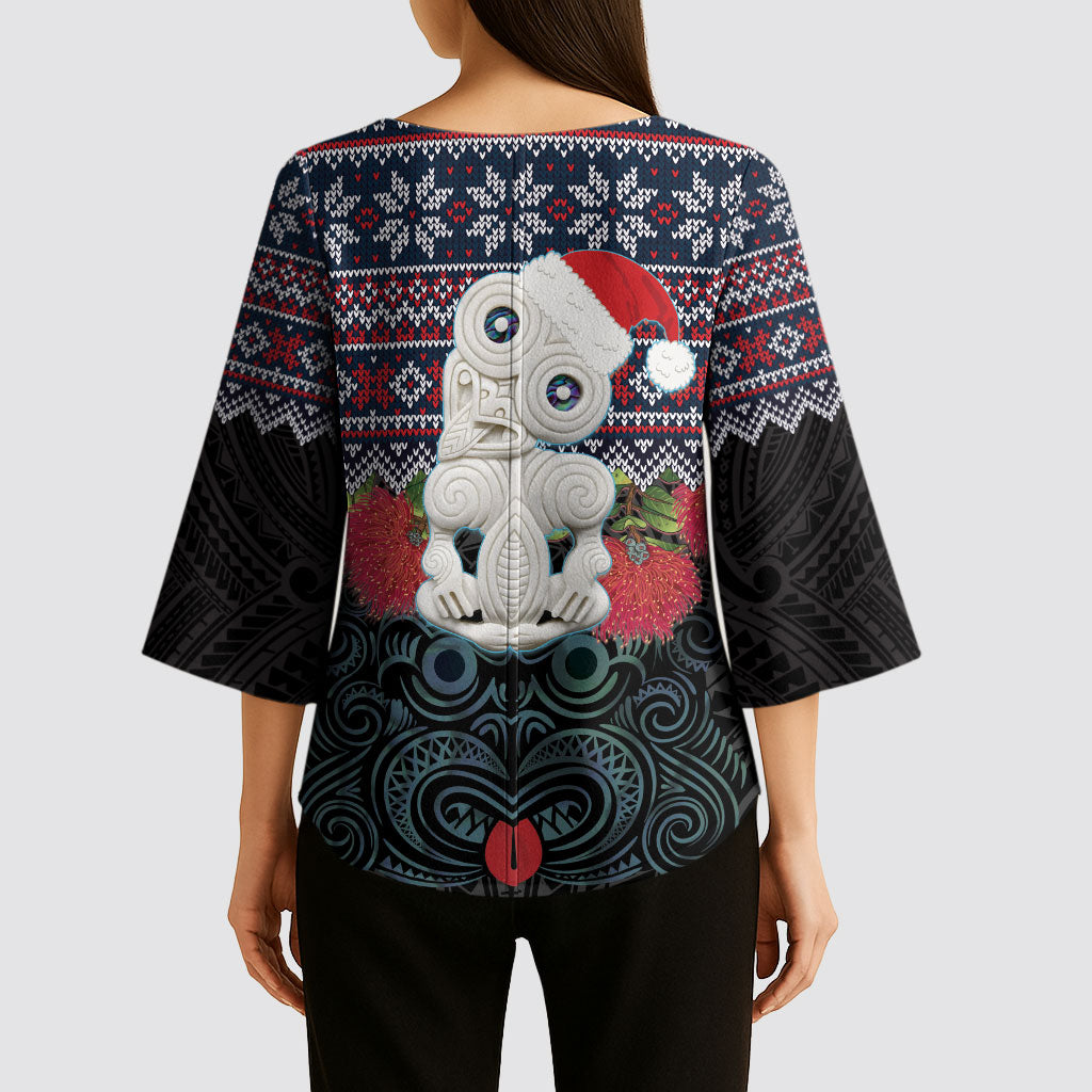 New Zealand Hei Tiki Christmas In July Kimono Sleeve Blouse Pohutukawa Santa Xmas Polynesian Pattern LT22 - Polynesian Pride