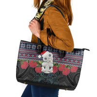 New Zealand Hei Tiki Christmas In July Leather Tote Bag Pohutukawa Santa Xmas Polynesian Pattern LT22 Black - Polynesian Pride