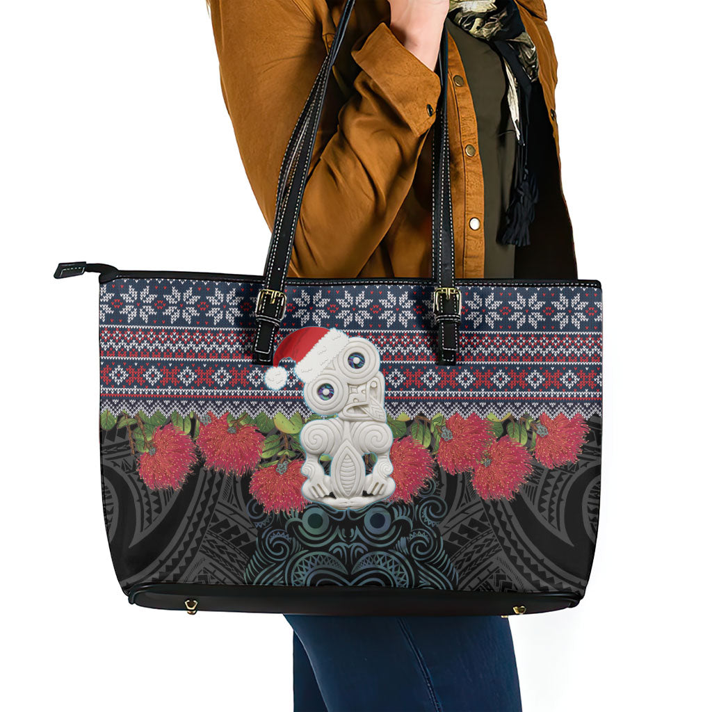 New Zealand Hei Tiki Christmas In July Leather Tote Bag Pohutukawa Santa Xmas Polynesian Pattern LT22 - Polynesian Pride