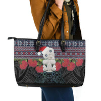 New Zealand Hei Tiki Christmas In July Leather Tote Bag Pohutukawa Santa Xmas Polynesian Pattern LT22 - Polynesian Pride