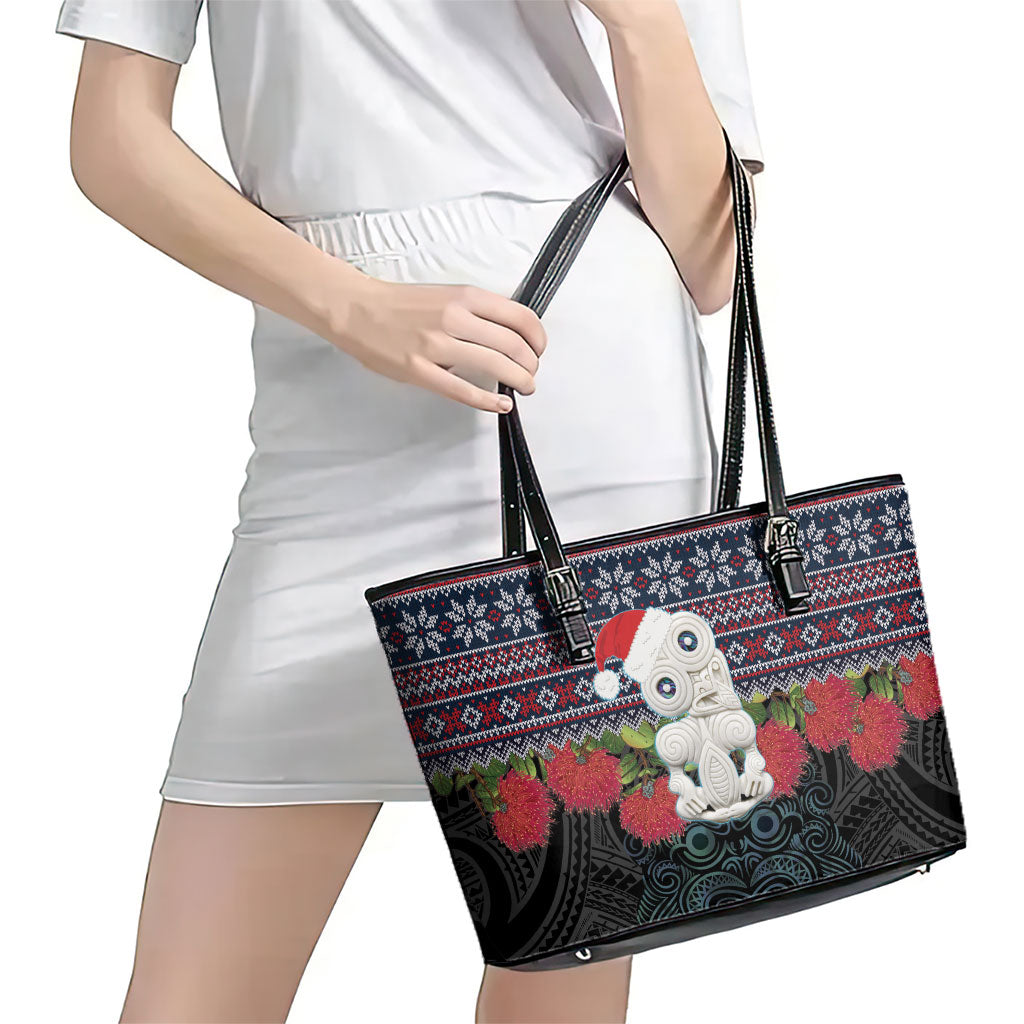 New Zealand Hei Tiki Christmas In July Leather Tote Bag Pohutukawa Santa Xmas Polynesian Pattern LT22 - Polynesian Pride