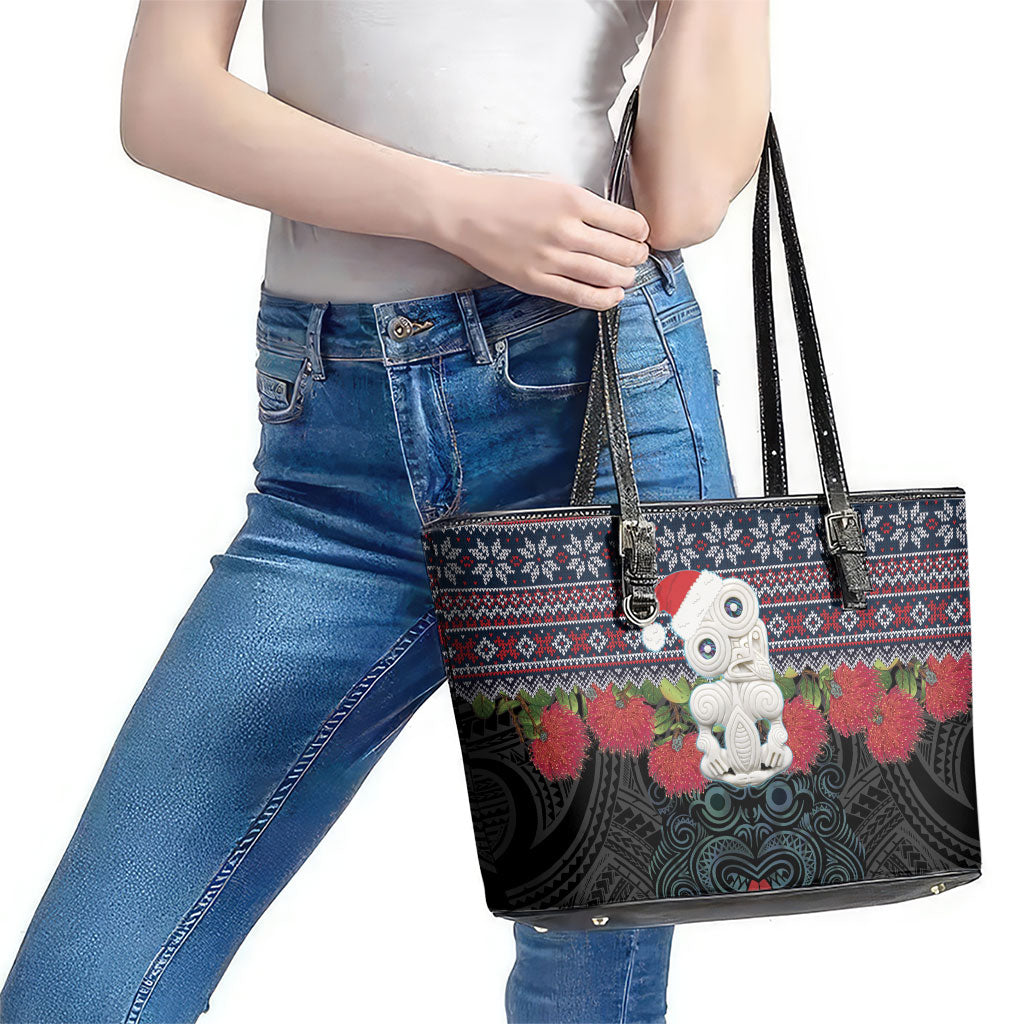 New Zealand Hei Tiki Christmas In July Leather Tote Bag Pohutukawa Santa Xmas Polynesian Pattern LT22 - Polynesian Pride