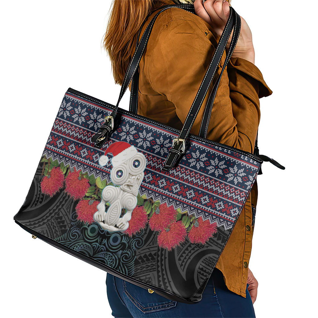 New Zealand Hei Tiki Christmas In July Leather Tote Bag Pohutukawa Santa Xmas Polynesian Pattern LT22 - Polynesian Pride