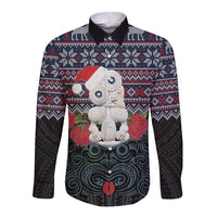 New Zealand Hei Tiki Christmas In July Long Sleeve Button Shirt Pohutukawa Santa Xmas Polynesian Pattern LT22 Unisex Black - Polynesian Pride