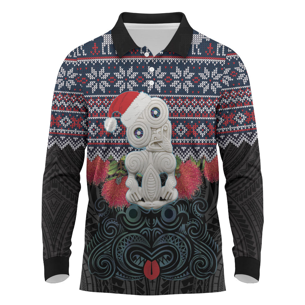 New Zealand Hei Tiki Christmas In July Long Sleeve Polo Shirt Pohutukawa Santa Xmas Polynesian Pattern LT22 Black - Polynesian Pride