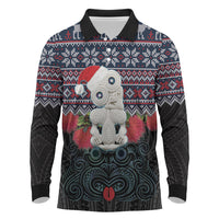 New Zealand Hei Tiki Christmas In July Long Sleeve Polo Shirt Pohutukawa Santa Xmas Polynesian Pattern LT22 Black - Polynesian Pride