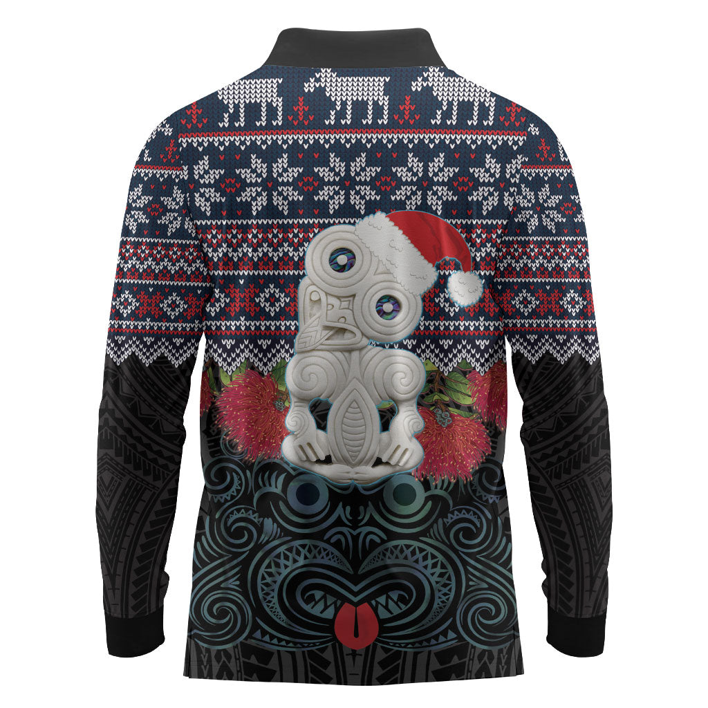 New Zealand Hei Tiki Christmas In July Long Sleeve Polo Shirt Pohutukawa Santa Xmas Polynesian Pattern LT22 - Polynesian Pride