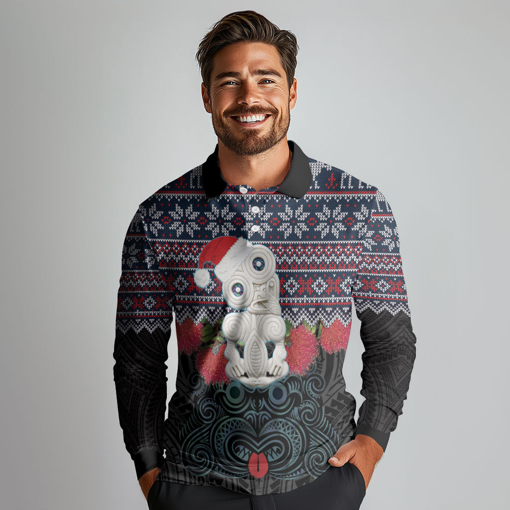 New Zealand Hei Tiki Christmas In July Long Sleeve Polo Shirt Pohutukawa Santa Xmas Polynesian Pattern LT22 - Polynesian Pride