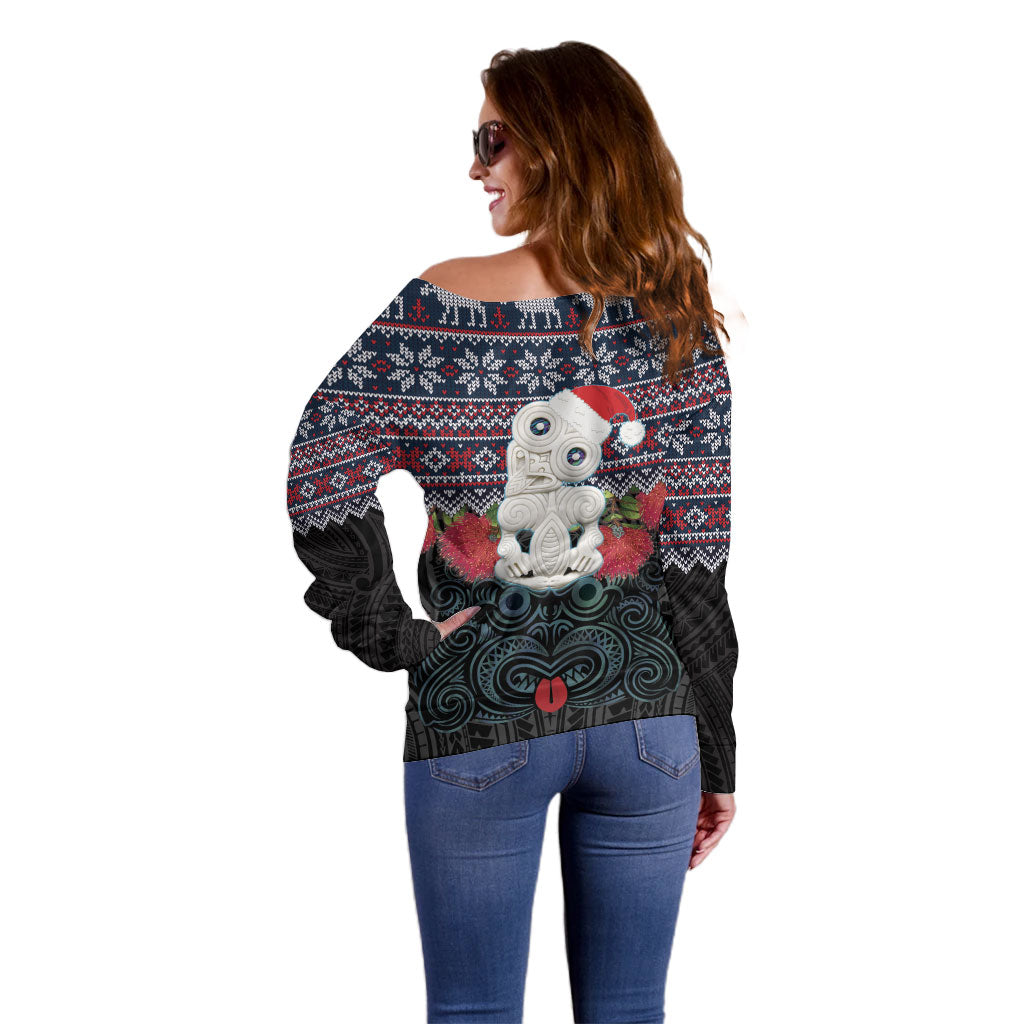 New Zealand Hei Tiki Christmas In July Off Shoulder Sweater Pohutukawa Santa Xmas Polynesian Pattern LT22 - Polynesian Pride