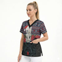 New Zealand Hei Tiki Christmas In July Scrub Top Pohutukawa Santa Xmas Polynesian Pattern LT22 - Polynesian Pride